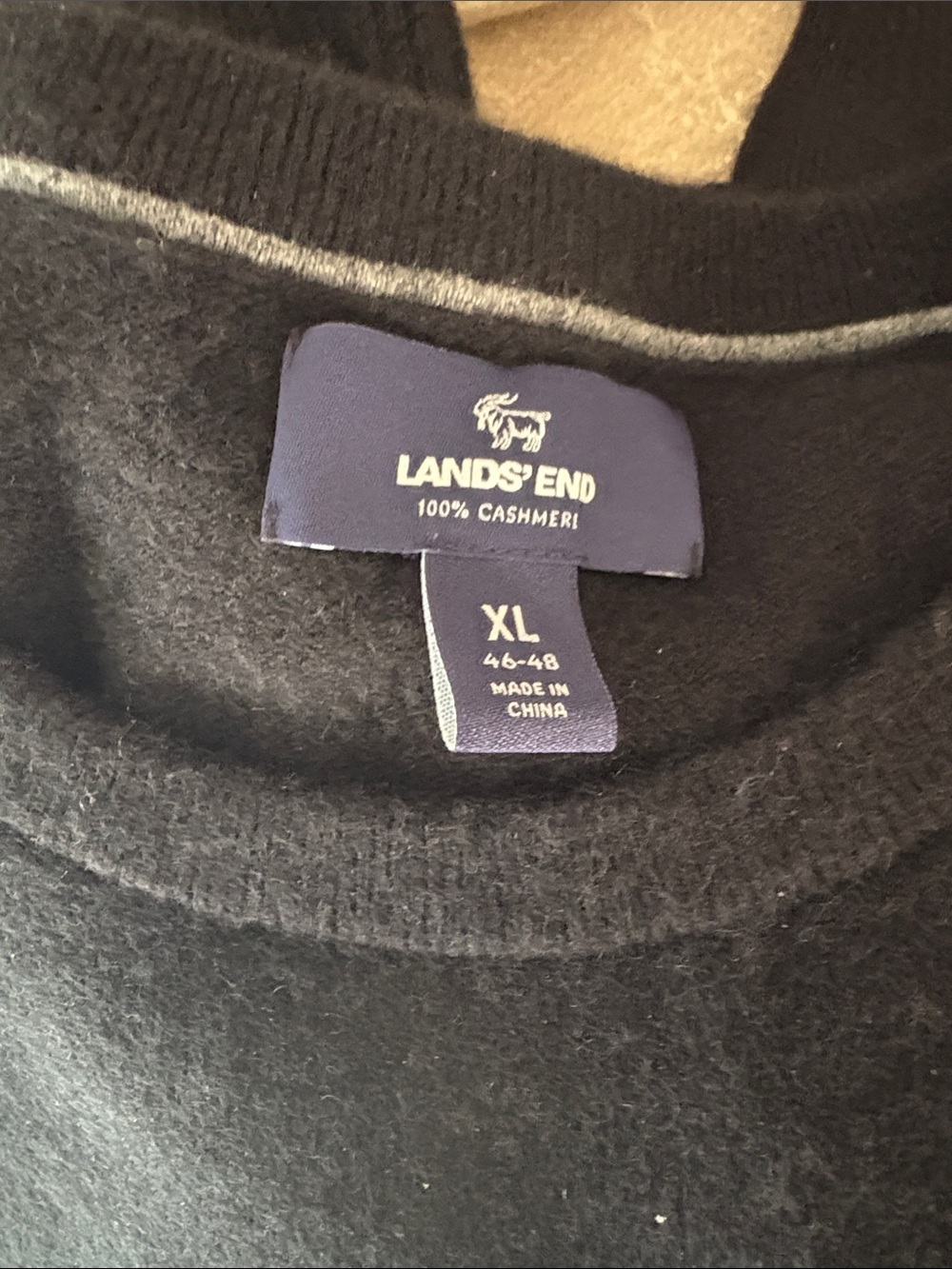 Lands' End Men's Cashmere Crewneck Sweater - Black with Gray Trim
